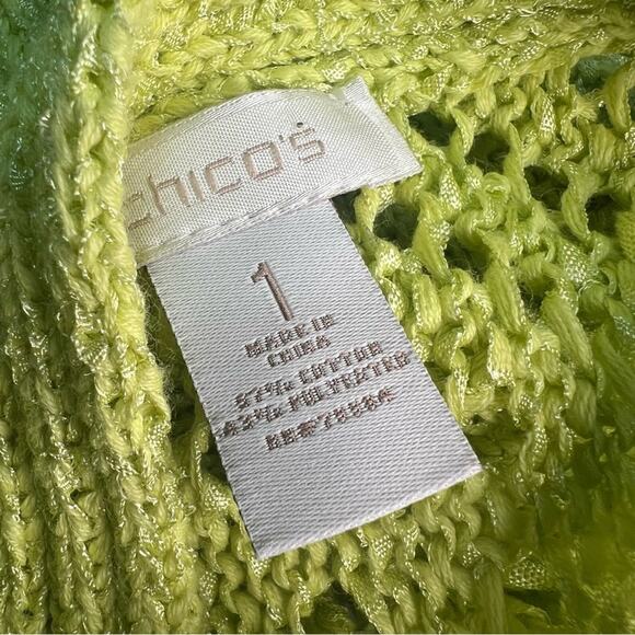 Chico's Size 1 Medium Open Knit Sweater Lime Green Half Sleeve Coastal Summer - Picture 4 of 9